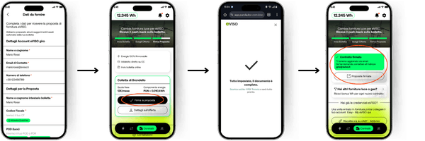 Schermate dell’app eVISO giro per l’accettazione dell’offerta e l’inserimento dei dati.