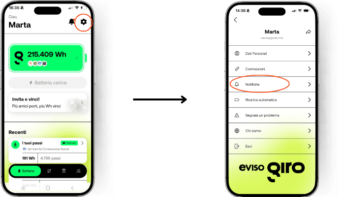 Schema delle impostazioni di notifica da verificare sul telefono e nell’app eVISO giro.