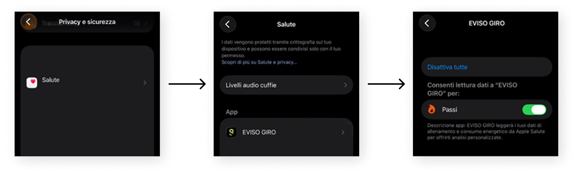 Schermate di iPhone con il percorso Impostazioni, Privacy, Salute e le autorizzazioni di eVISO giro.