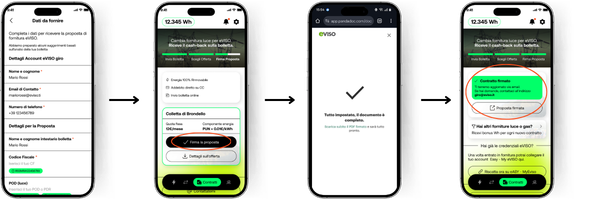 Schermate dell’app eVISO giro per l’accettazione dell’offerta e l’inserimento dei dati.
